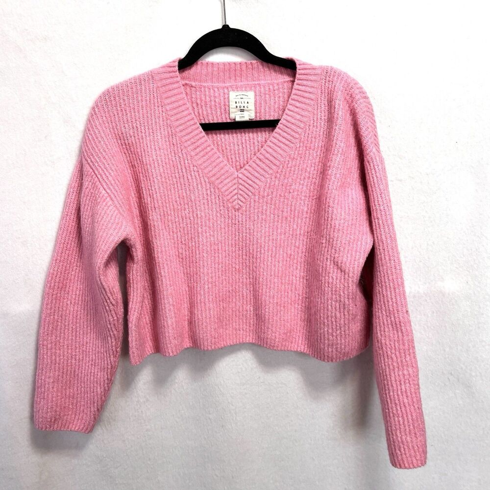 BILLABONG Cropped V Neck Sweater Pink Pullover Ribbed Knit Women’s M